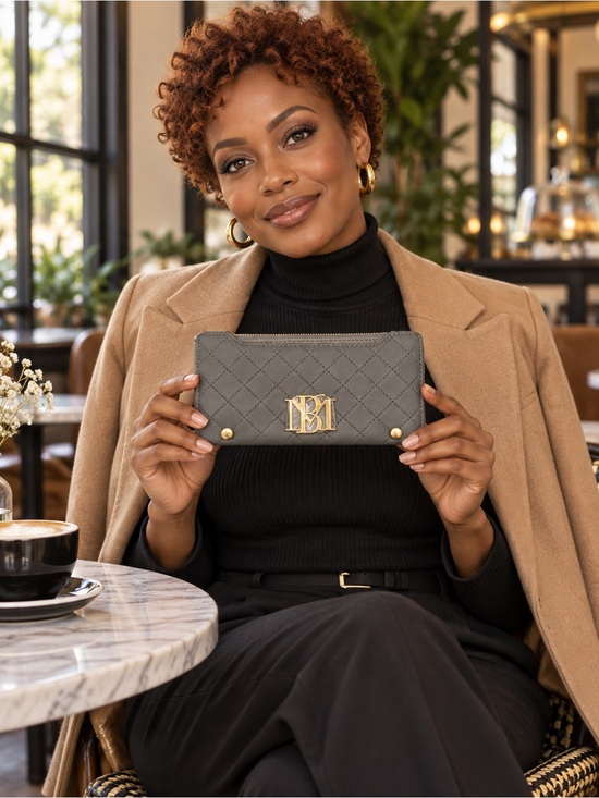 Badgley Mischka Handbags - Badgley Mischka Gray Quilted Vegan Leather Long Card Wallet NWT Flaw